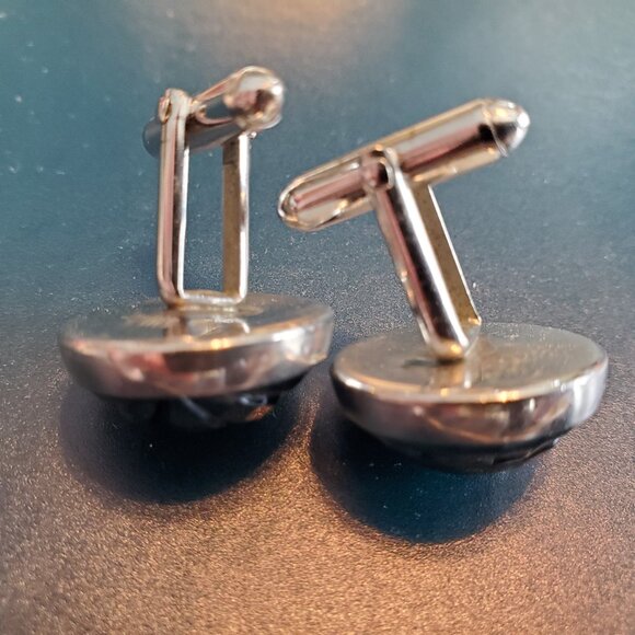 VTG Cufflinks & Tie Tack Signed Swank Black Hematite? Silver Tone Dome Faceted - Picture 5 of 7